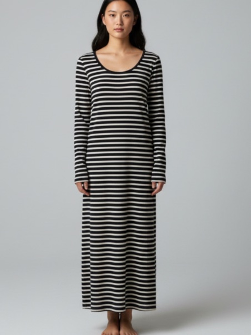 Peruvian Classic Black and White Striped Long Sleeve Maxi Dress